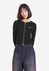 Top sportowy damski Prosto Zip Ribbed na suwak. Czarne topy sportowe damskie Prosto., l, z aplikacjami, z bawełny, bez ramiączek. Za 158.99 zł.