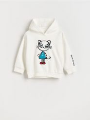 Bluza z aplikacją Kicia Kocia - złamana biel. Bluzy i bluzki niemowlęce Reserved, z aplikacjami, z bawełny, bez ramiączek, bez kaptura. W wyprzedaży za 39.99 zł.