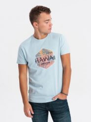 T-shirt męski bawełniany z nadrukiem - błękitny V2 - Rozmiar: XL. Niebieskie t-shirty męskie Ombre Clothing, m, bez wzorów, z bawełny, bez kołnierzyka. W wyprzedaży za 19.99 zł.