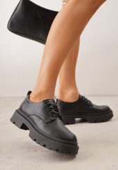 Czarne Eleganckie Półbuty Oksfordki VICES ze Sznurowaniem i Platformą Anatala. Czarne półbuty damskie Renee, bez wzorów, z jeansu, eleganckie, bez obcasa, na platformie. Za 89.99 zł.