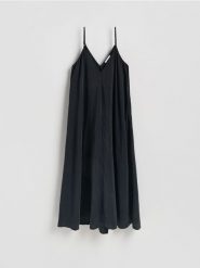 Sukienka z modalem - czarny. Czarne sukienki damskie Reserved, l, bez wzorów, z tkaniny, bez kołnierzyka, bez ramiączek, rozkloszowane. Za 139.99 zł.