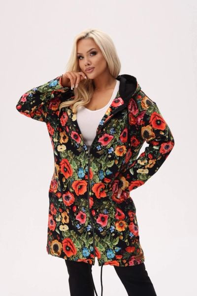 Bluza z kapturem MAKOVSKA - print w maki na czarnym tle PLUS SIZE XXL OVERSIZE WIOSNA. Czarne bluzy sportowe damskie Moda Size Plus Iwanek, na jesień, plus size, bez wzorów, z bawełny, bez ramiączek, krótkie, z kapturem. Za 329.90 zł.