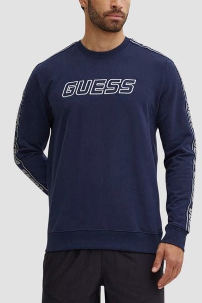 GUESS Granatowa męska bluza z lampasami Arlo Cn, Rozmiar M. Niebieskie bluzy bez kaptura męskie Guess, m, z bawełny. W wyprzedaży za 255.99 zł.