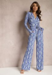 Granatowo-Biały Kopertowy Kombinezon z Paskiem w Talii i Ozdobnym Wzorem Mirannda. Niebieskie kombinezony damskie Renee, l, bez wzorów, z materiału, eleganckie, bez kołnierzyka, bez ramiączek. Za 69.99 zł.