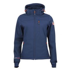 Kurtka damska softshell z kapturem Peak Mountain Aclaude. Niebieskie kurtki softshell damskie Peak Mountain, bez wzorów, z softshellu, z kapturem. W wyprzedaży za 309.50 zł.