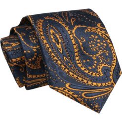 Elegancki, Klasyczny, Męski Krawat -ALTIES - Granat w Złoty, Orientalny Wzór. Niebieskie krawaty i muchy męskie Alties, bez wzorów, z tkaniny, eleganckie. Za 49.00 zł.