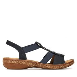 Sandały Rieker. Niebieskie sandały damskie Rieker, bez wzorów, bez obcasa, na płaskiej podeszwie. Za 299.99 zł.