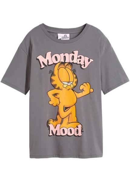 T-shirt z czystej bawełny z nadrukiem Garfielda. Szare koszulki dziewczęce bonprix, bez wzorów, z bawełny, bez ramiączek. Za 64.99 zł.