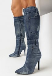 Niebieskie Jeansowe Kozaki na Szpilce Bimis. Niebieskie kozaki damskie Born2be, z jeansu, bez obcasa, na obcasie. Za 189.99 zł.