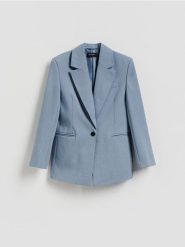 Jednorzędowa marynarka - niebieski. Niebieskie marynarki i żakiety damskie Reserved, l, bez wzorów, z tkaniny. Za 229.99 zł.