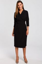 Elegancka sukienka biznesowa kopertowa midi z paskiem w talii czarna. Czarne sukienki damskie Stylove, do pracy, xxl, bez wzorów, biznesowe, bez kołnierzyka, bez ramiączek, midi, kopertowe. Za 309.00 zł.