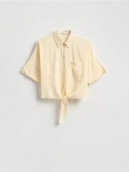 Koszula z wiskozy z wiązaniem - żółty. Żółte koszule damskie Reserved, l, bez wzorów, z tkaniny, bez kołnierzyka, bez ramiączek. Za 89.99 zł.