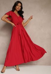 Bordowa Koktajlowa Maxi Sukienka Ozdobiona Plisami z Trójkątnym Dekoltem i Wiązaniem w Talii Phoelia. Czerwone sukienki damskie Renee, na imprezę, m, bez wzorów, eleganckie, bez kołnierzyka, bez ramiączek, maxi. W wyprzedaży za 59.49 zł.