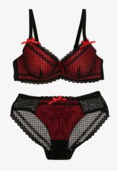 Czarno-Czerwony Komplet z Koronki Regulowany Biustonosz Full Cup oraz Majtki Figi Irialynne. Czarne figi damskie Renee, s, z aplikacjami, z koronki. Za 29.99 zł.
