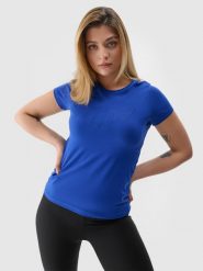 4F T-shirt slim z nadrukiem damski - niebieski XS. Niebieskie t-shirty damskie 4f, xs, bez wzorów, z bawełny, bez kołnierzyka. W wyprzedaży za 39.99 zł.