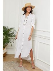 Le Monde du Lin Lniana sukienka w kolorze białym rozmiar: 36/38. Białe sukienki damskie Le Monde du Lin, bez wzorów, ze lnu, klasyczne, bez kołnierzyka, bez ramiączek, maxi. Za 187.99 zł.