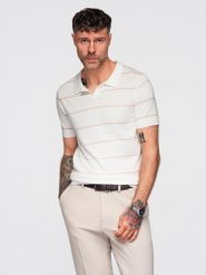 Koszulka polo męska w poziome paski z wiskozą – biało-beżowa V4 - Rozmiar: XXL. Białe koszulki polo męskie Ombre Clothing, m, bez wzorów, z dzianiny, bez ramiączek. W wyprzedaży za 69.99 zł.