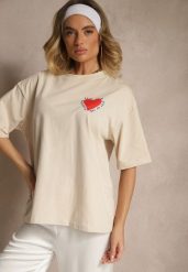 Beżowy T-shirt z Bawełny Ozdobiony Sercem Ranira. Brązowe t-shirty damskie Renee, z aplikacjami, z bawełny, bez kołnierzyka. Za 59.99 zł.