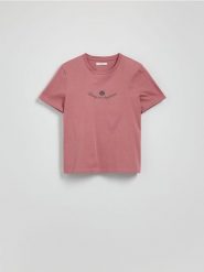 T-shirt z nadrukiem - jasnofioletowy. Fioletowe t-shirty damskie Reserved, l, bez wzorów, z bawełny, bez kołnierzyka. W wyprzedaży za 25.99 zł.