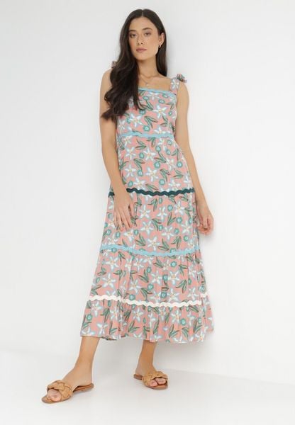 Różowa Sukienka Sofyne. Czerwone sukienki damskie Born2be, na lato, l, bez wzorów, z koronki, boho, bez kołnierzyka, bez ramiączek, midi, rozkloszowane. Za 99.99 zł.