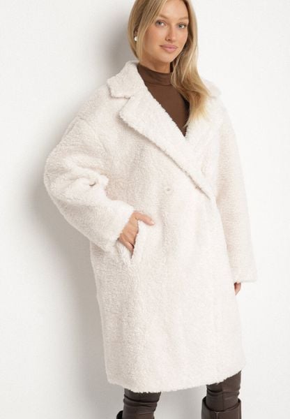 Biały Dwurzędowy Płaszcz Teddy o Fasonie Oversize Anerre. Białe płaszcze damskie Born2be, l, bez wzorów, z dzianiny, eleganckie. Za 219.99 zł.