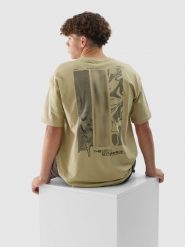 4F T-shirt oversize z nadrukiem męski - khaki XL. Brązowe t-shirty męskie 4f, m, bez wzorów, z bawełny, bez kołnierzyka. W wyprzedaży za 39.99 zł.