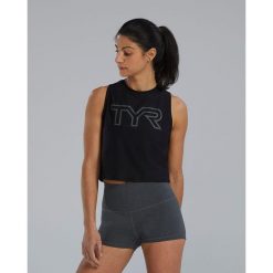 Koszulka damska TYR WMN AIRTEC CROP TNK. Czarne t-shirty damskie TYR, bez wzorów, bez kołnierzyka. Za 249.99 zł.