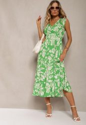 Zielona Wiskozowa Kwiatowa Sukienka Wykończona Gumką w Pasie o Rozkloszowanym Kroju Keranea. Zielone sukienki damskie Renee, na imprezę, na lato, l, bez wzorów, z wiskozy, eleganckie, bez kołnierzyka, bez ramiączek, midi, dopasowane. W wyprzedaży za 52.49 zł.