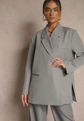 Szara Pudełkowa Marynarka Dwurzędowa o Fasonie Oversize Cornelise. Szare marynarki i żakiety damskie Renee, m, bez wzorów, z jeansu, biznesowe. Za 219.99 zł.