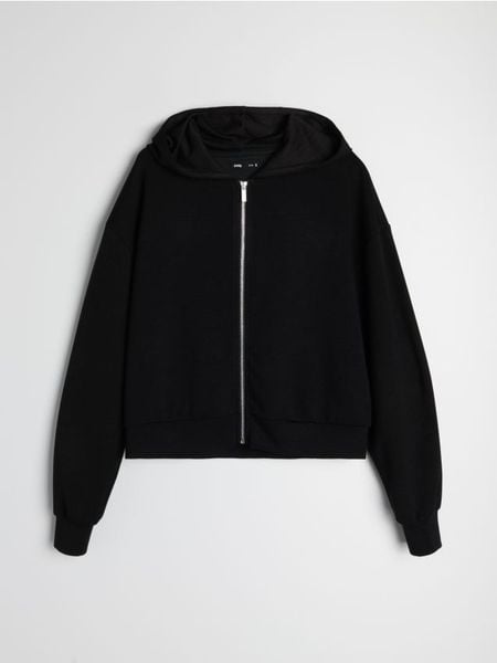 Rozpinana bluza z kapturem z domieszką wiskozy soft touch - czarny. Czarne bluzy sportowe damskie Sinsay, l, bez wzorów, z wiskozy, bez ramiączek, z kapturem. Za 49.99 zł.