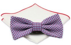 Czerwono-Szara Mucha z Białą Poszetką -CHATTIER- Męska, w Drobną Kratkę. Czerwone krawaty i muchy męskie Chattier, bez wzorów, eleganckie. Za 59.00 zł.