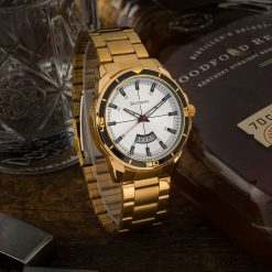 Zegarek męski bransoleta duży solidny z datownikiem złoty premium Beltimore BT03. Żółte zegarki męskie złote. Za 149.99 zł.