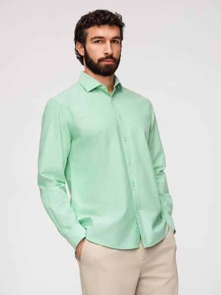 Bawełniana pastelowa koszula męska typu oxford – miętowa V4 - Rozmiar: S. Zielone koszule męskie Ombre Clothing, m, bez wzorów, z bawełny, bez kołnierzyka, bez ramiączek. Za 209.99 zł.