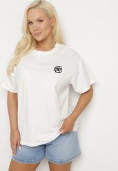 Biały T-shirt z Bawełny z Naszywką Kwiatu Firirene. Białe t-shirty damskie Born2be, l, z aplikacjami, z bawełny, bez kołnierzyka. Za 49.99 zł.