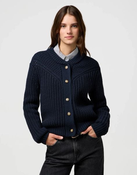 DAMSKI SWETER WRANGLER WESTERN CARDIGAN DARK NAVY 112370796. Niebieskie kardigany damskie Wrangler, xs, bez wzorów. Za 199.99 zł.