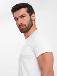 Męski klasyczny bawełniany T-shirt BASIC - biały V4 OM-TSBS-0146 - XXL. Białe t-shirty męskie Ombre Clothing, l, bez wzorów, z bawełny, bez kołnierzyka. W wyprzedaży za 24.99 zł.