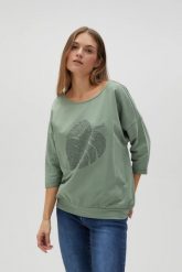 Bawełniana bluza z rękawami 3/4 oliwkowa. Zielone bluzy bez kaptura damskie MOODO, l, z bawełny. Za 99.99 zł.