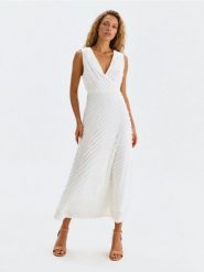 Sukienka midi z falbanami - kremowy. Białe sukienki damskie Sinsay, l, bez wzorów, bez kołnierzyka, bez ramiączek, midi. Za 59.99 zł.