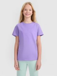 4F T-shirt regular z nadrukiem dziewczęcy - fioletowy 128 (7-8 lat). Fioletowe koszulki dziewczęce 4f, bez wzorów, z bawełny, bez ramiączek. Za 39.99 zł.