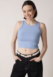 Niebieski Top z Prążkowanego Materiału Zitessa. Niebieskie topy damskie Born2be, m, bez wzorów, z jeansu, bez kołnierzyka. Za 39.99 zł.