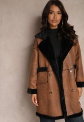 Brązowy Futerkowy Płaszcz Dwurzędowy z Kieszeniami i Szerokim Kołnierzem Sartelia. Brązowe płaszcze damskie Renee, bez wzorów, z jeansu, eleganckie. Za 219.99 zł.