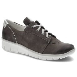 Półbuty damskie Pollonus, na niskim koturnie i ze skóry naturalnej, szare Samuel, 5-0902-024. Szare czółenka damskie Pollonus, bez wzorów, z nubiku, bez obcasa, na koturnie. Za 159.00 zł.