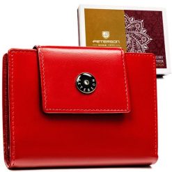 Portfel damski ze skóry naturalnej w czerwonym kolorze zamykany zatrzaskiem - Peterson. Czerwone portfele damskie Peterson, bez wzorów, ze skóry. Za 99.99 zł.