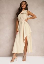 Beżowa Sukienka Koktajlowa o Asymetrycznym Kroju na Jedno Ramię Ozdobiona Kokardą Vimorissa. Brązowe sukienki damskie Renee, na co dzień, m, bez wzorów, eleganckie, z asymetrycznym kołnierzem, bez ramiączek, maxi, asymetryczne. W wyprzedaży za 76.99 zł.