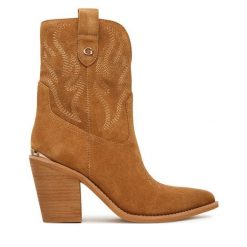 Kowbojki Guess. Brązowe botki damskie Guess, bez obcasa, na słupku, bez zapięcia. Za 959.99 zł.