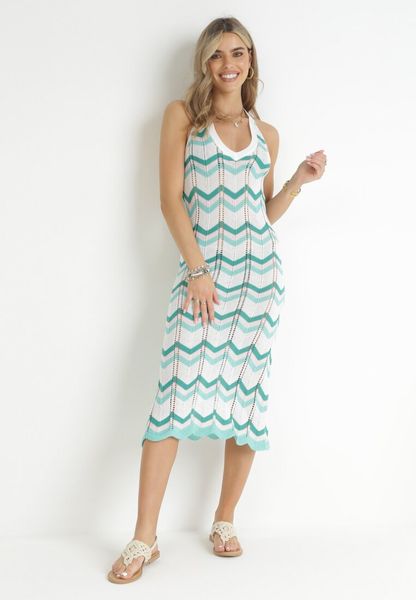 Biało-Zielona Ażurowa Sukienka Midi z Wiązaniem na Szyi Minelis. Białe sukienki damskie Born2be, na plażę, na lato, s, w ażurowe wzory, bez kołnierzyka, bez ramiączek, midi. Za 129.99 zł.