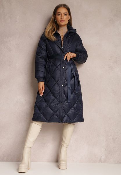 Granatowa Kurtka za Kolano Pikowana z Wiązanym Paskiem Cealia. Niebieskie kurtki damskie Renee, na jesień, l, bez wzorów. Za 229.99 zł.