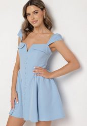 Niebieska Rozkloszowana Sukienka z Ozdobnym Dekoltem i Guzikami Salasesia. Niebieskie sukienki damskie Born2be, na co dzień, m, bez wzorów, eleganckie, bez kołnierzyka, bez ramiączek, mini, kopertowe. W wyprzedaży za 127.99 zł.