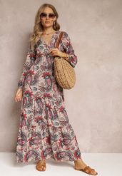 Beżowa Sukienka Demestra. Brązowe sukienki damskie Renee, na lato, l, bez wzorów, boho, bez kołnierzyka, bez ramiączek, maxi, kopertowe. Za 69.99 zł.