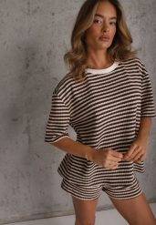 Brązowy Komplet Casualowy z Bawełny Oversize T-shirt i Szorty w Paski Stylizowany na Szydełkowany Pherra. Brązowe szorty damskie Renee, bez wzorów, z bawełny, eleganckie. Za 159.99 zł.